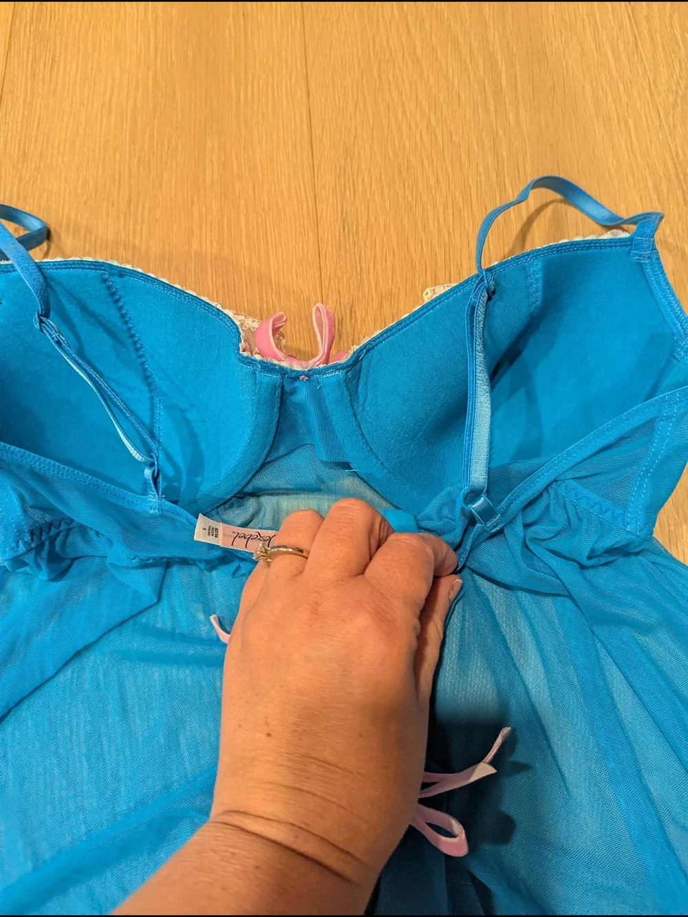 Jezebel Bright Blue Sheer Babydoll with Pink Ribbon Accent